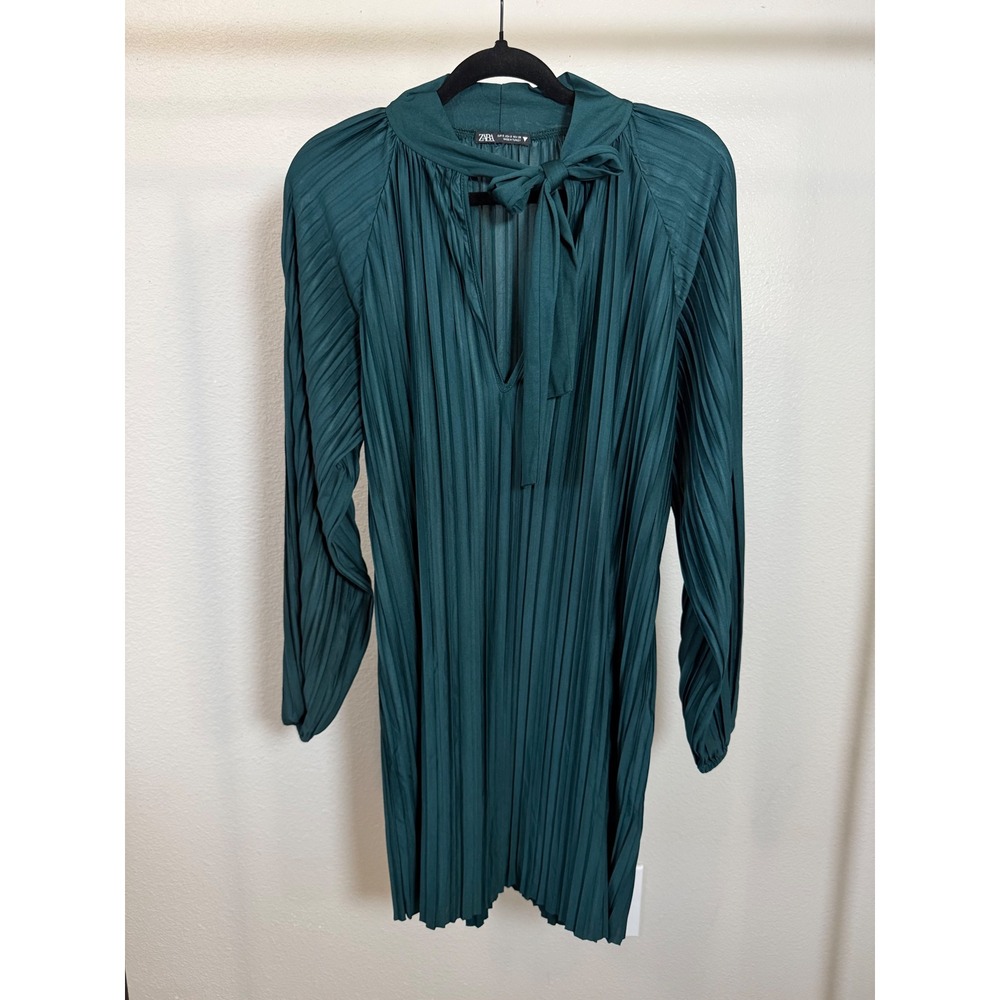 Zara Forest Green Pleated‎ Mini Dress Bow Tie Neck Long Sleeve S